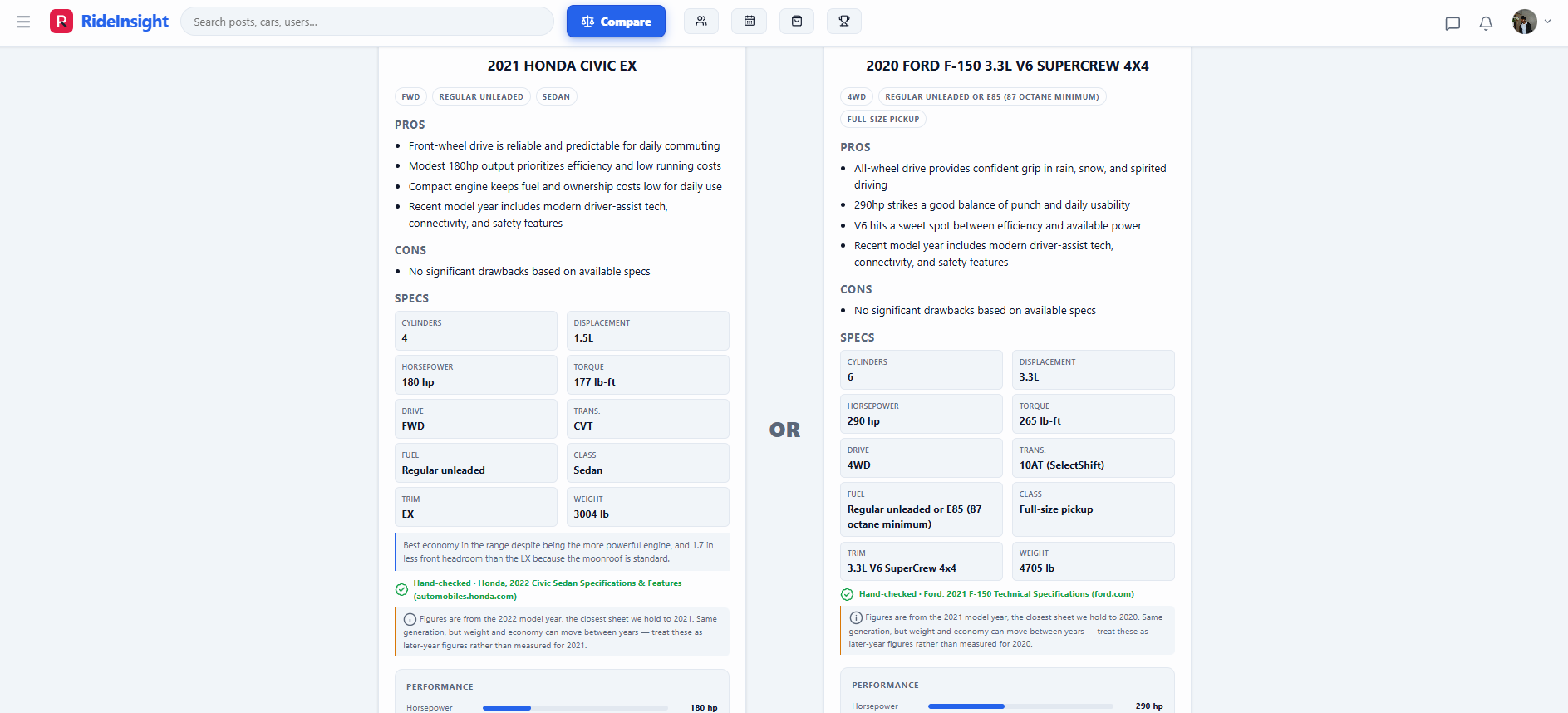 Two vehicles compared side by side on RideInsight